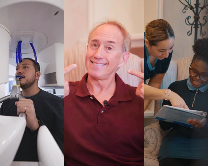 Man smiling while receiving dental care at a San Diego dental clinic.